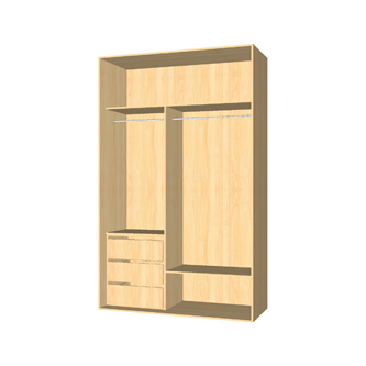 2 varões, 3 gavetas. Duas portas de correr ou duas de batente.