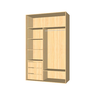 1 varão, 3 gavetas e 2 prateleiras. Duas portas de correr ou duas de batente.