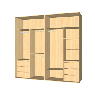 4 varões, 6 gavetas e 2 prateleiras. Duas portas de correr ou 4 de batente.